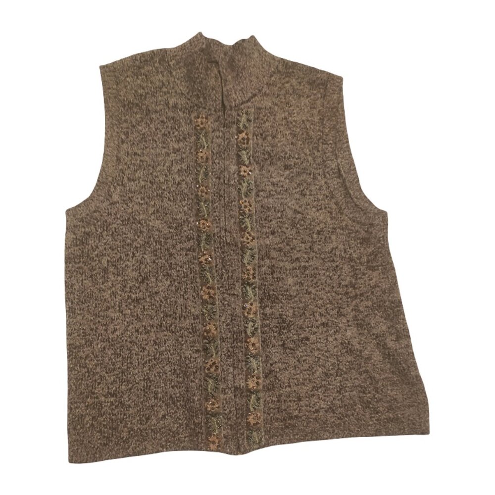 Vintage Christopher & Banks Brown Sweater Vest Beaded Zip-up Vest Size Large